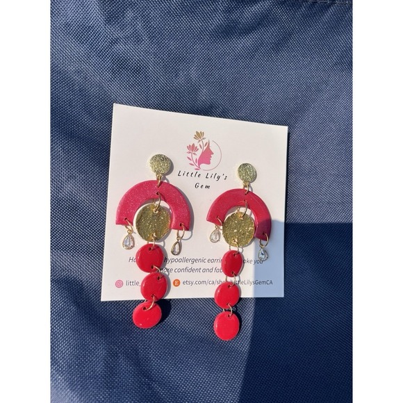 Handmade  Red And gold  Polymer Clay   Dangle Earrings - Picture 9 of 9